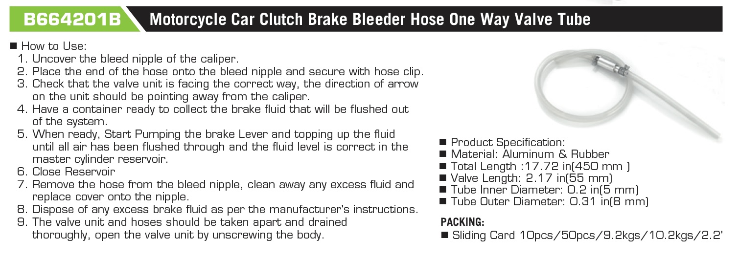 B664201B Motorcycle Car Clutch Brake Bleeder Hose One Way Valve Tube